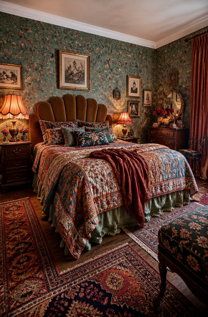 Eclectic Vintage Brown Velvet Headboard Bedroom