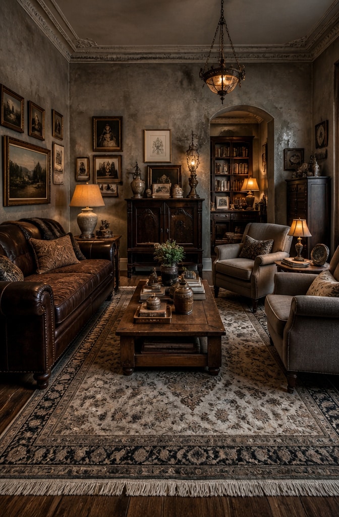 Eclectic Vintage Dark Brown and Grey Living Room
