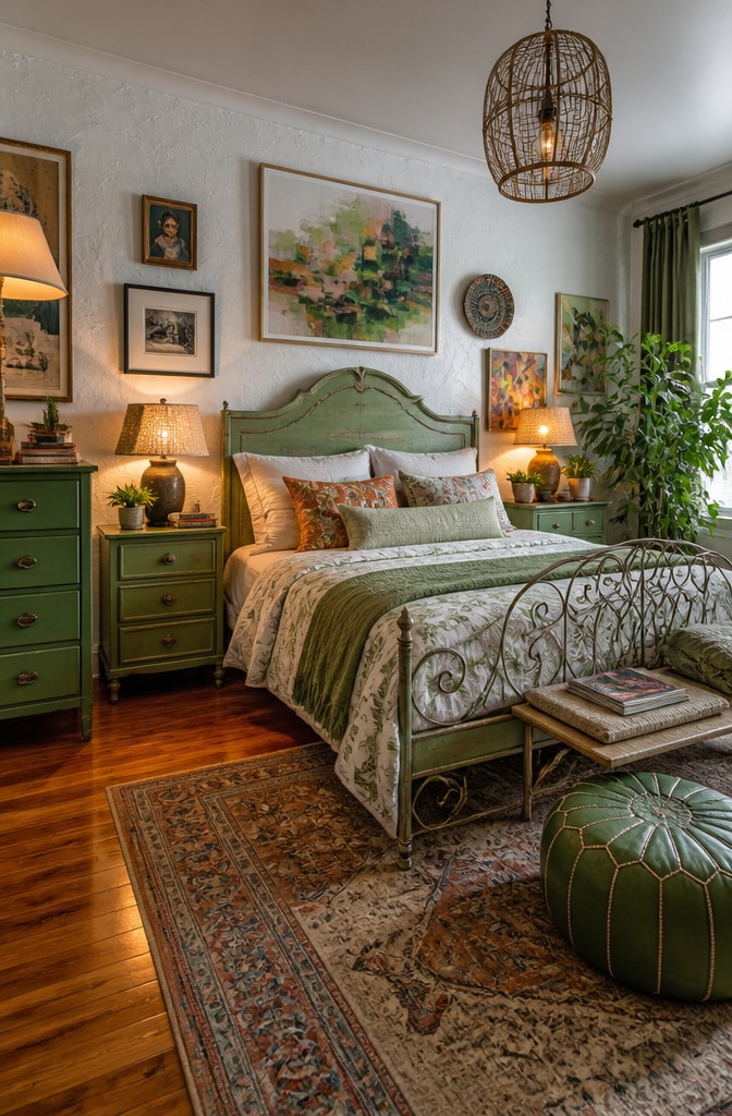 Eclectic White and Sage Green Artistic Bedroom