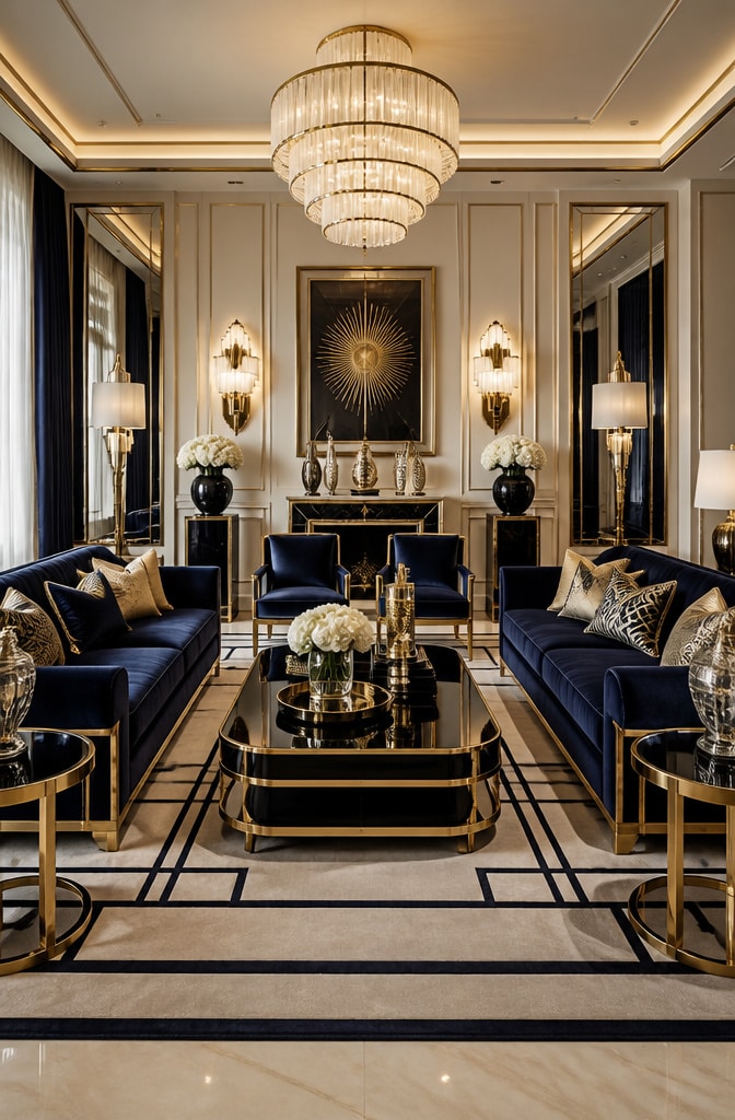 Elegant Art Deco Blue and Neutral Living Room