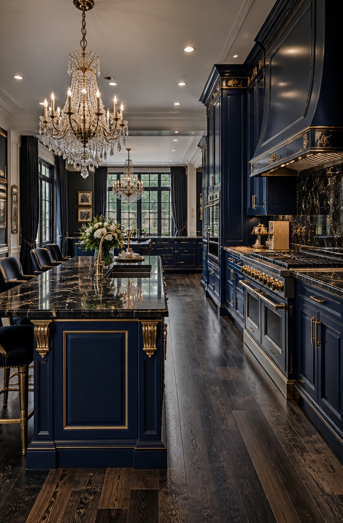 Elegant Blue and Gold Luxury Kitchen