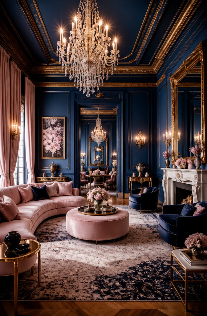 Elegant Blue and Pink Glam Living Room