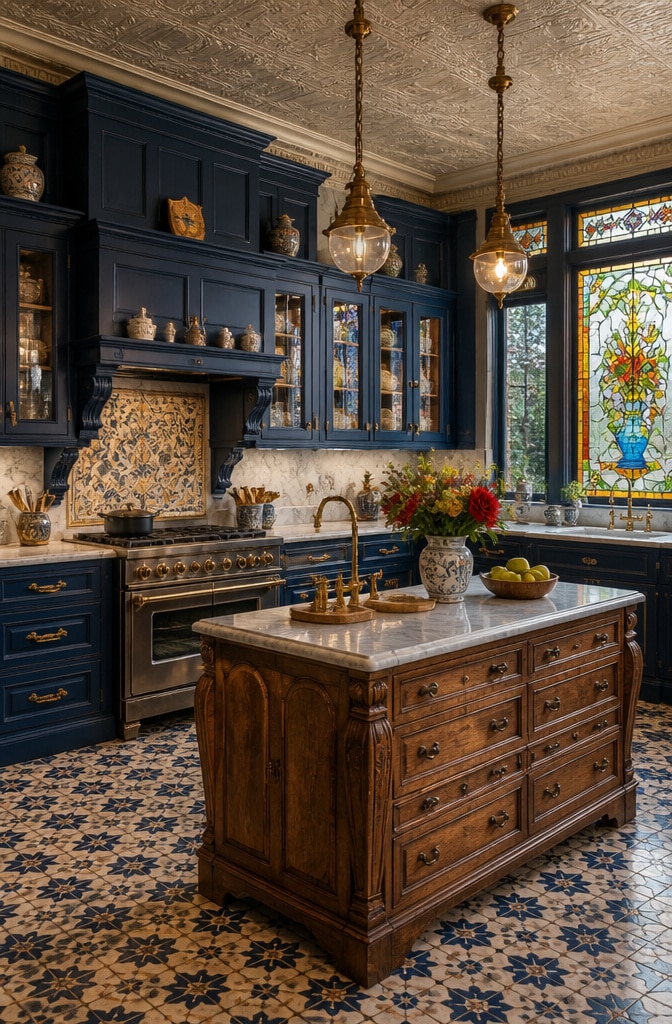 Elegant Blue Victorian Cottage Kitchen