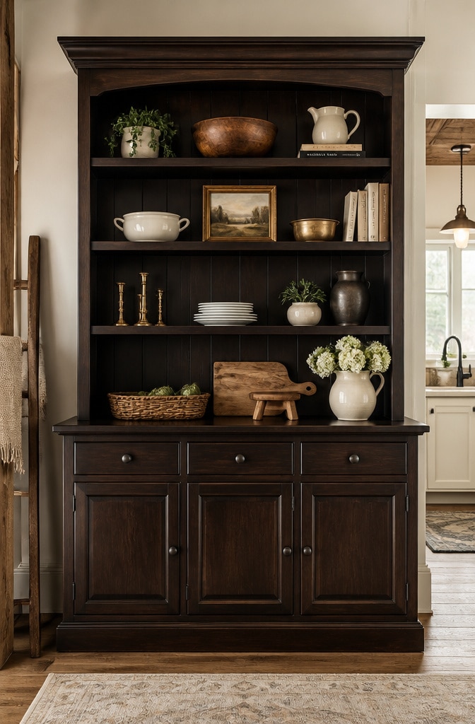 Elegant Dark Stained Farmhouse Hutch