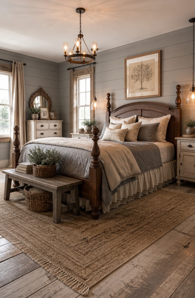Elegant Farmhouse Grey and Beige Bedroom