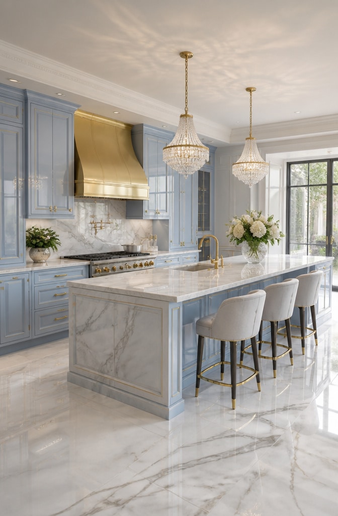 Elegant Light Blue and White Marble Kitchen