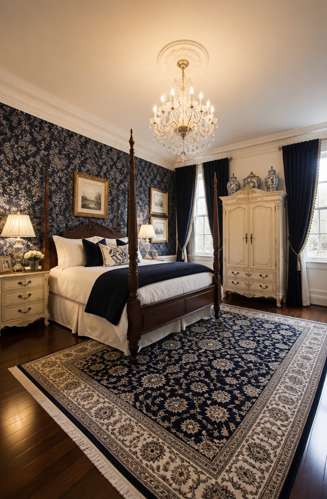 Elegant Navy and White Traditional Bedroom