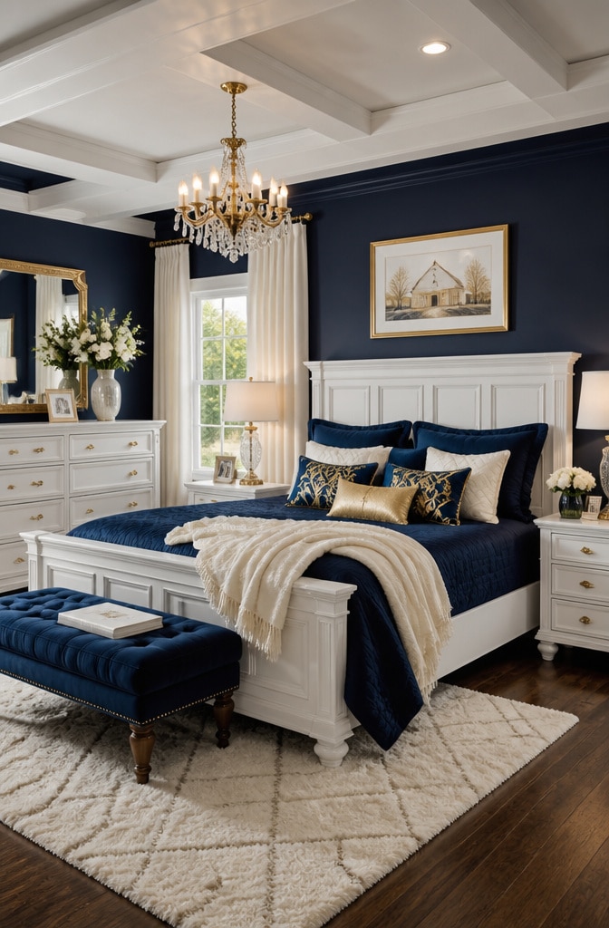 Elegant Navy Blue Farmhouse Bedroom