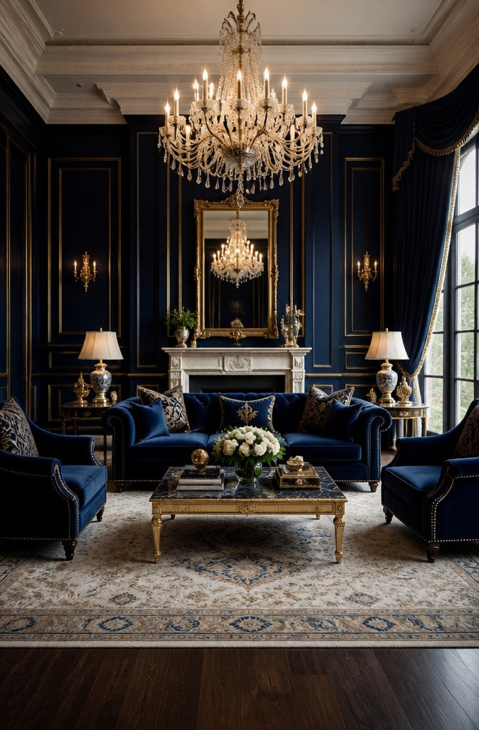 Elegant Navy Blue Velvet Living Room