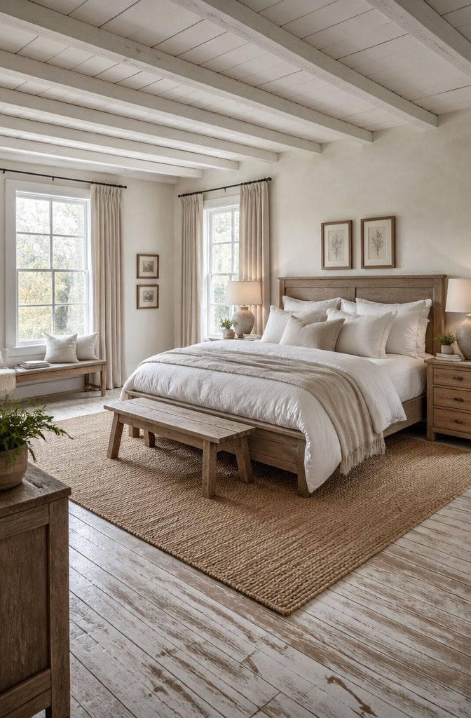 Elegant Neutral Farmhouse Bedroom with Linen Drapes
