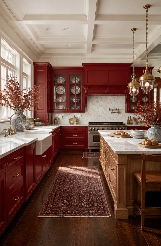 Elegant Red Farmhouse Kitchen with Marble Accents
