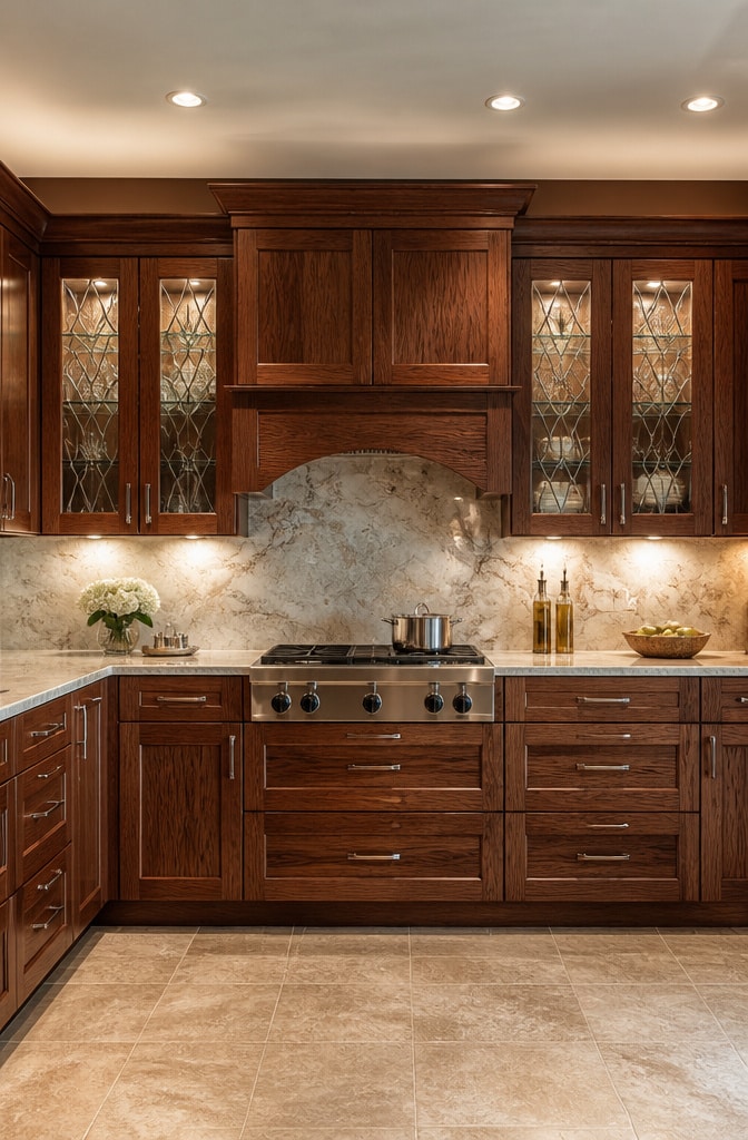 Elegant Red Oak Cabinets with Glass Inserts