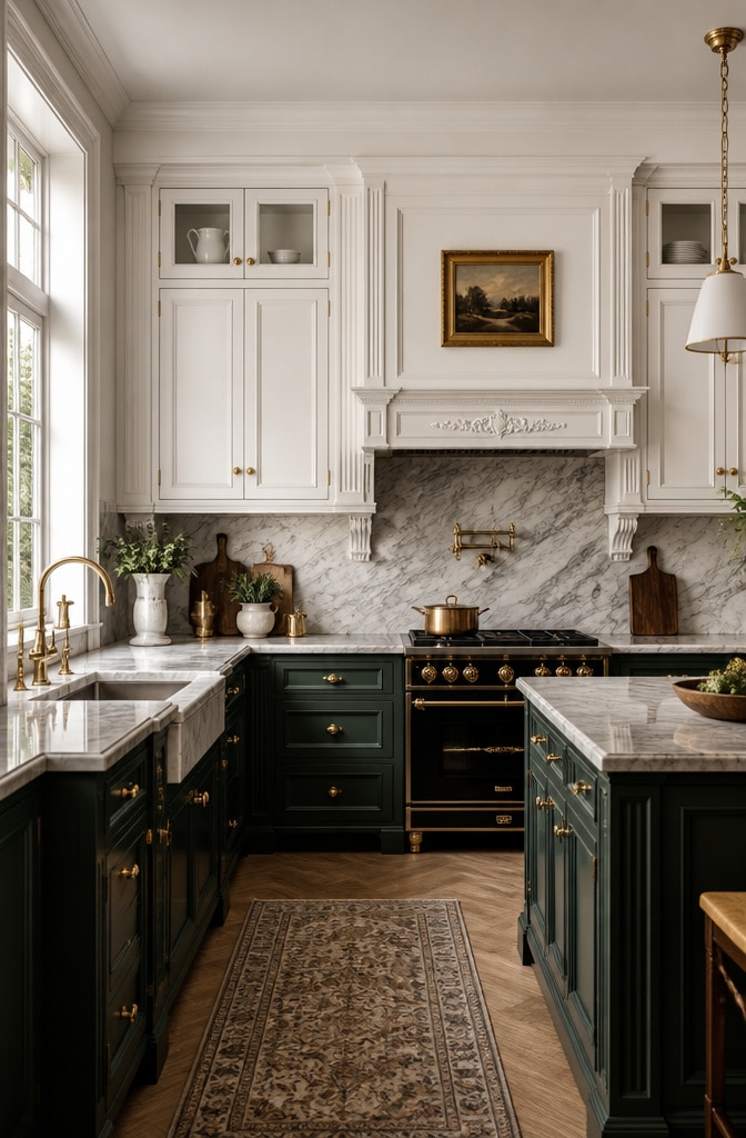 Elegant Traditional Green and White Cabinets