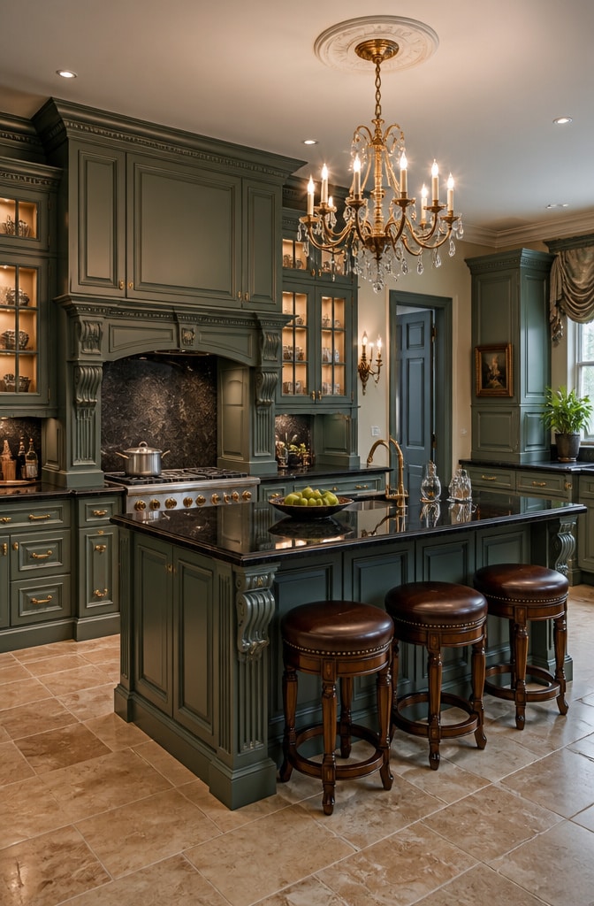 Elegant Traditional Pewter Green Cabinets