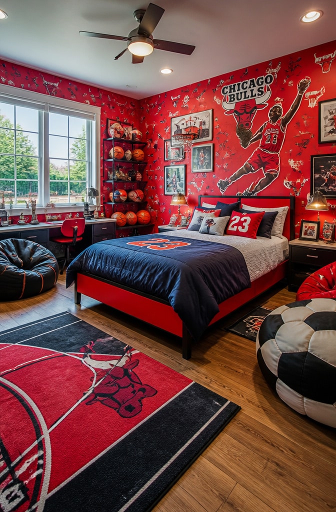 Energetic Red Sports Fan Bedroom