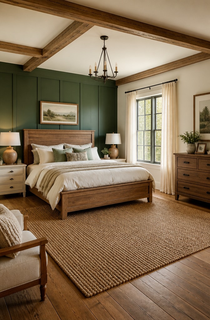 Farmhouse Bedroom with Sage Green Accent Wall