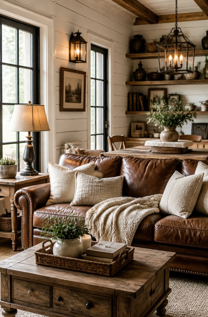 Farmhouse Brown Leather Sofa Living Room