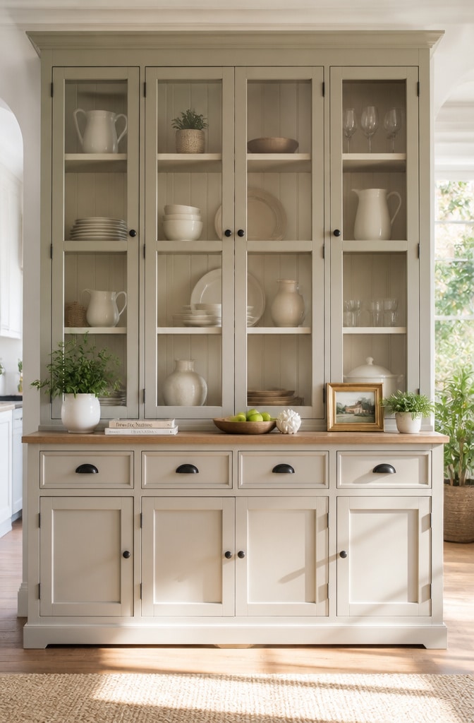 Farmhouse Hutch with Glass Doors and Neutral Tones
