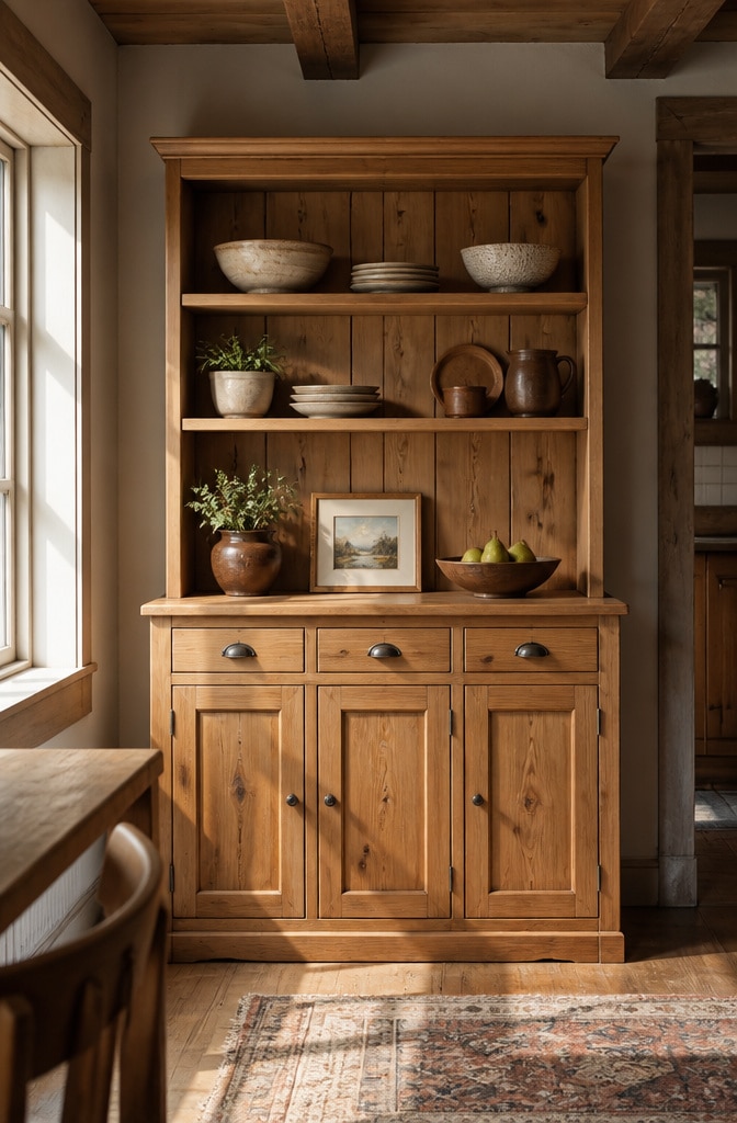 Farmhouse Hutch with Open Shelving and Natural Wood Finish