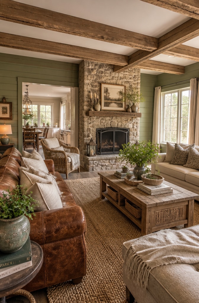 Farmhouse Inspired Sage and Brown Living Room
