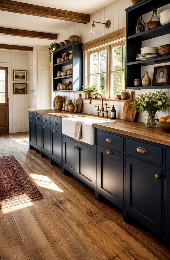 Farmhouse Navy Blue Open Shelving Cabinets