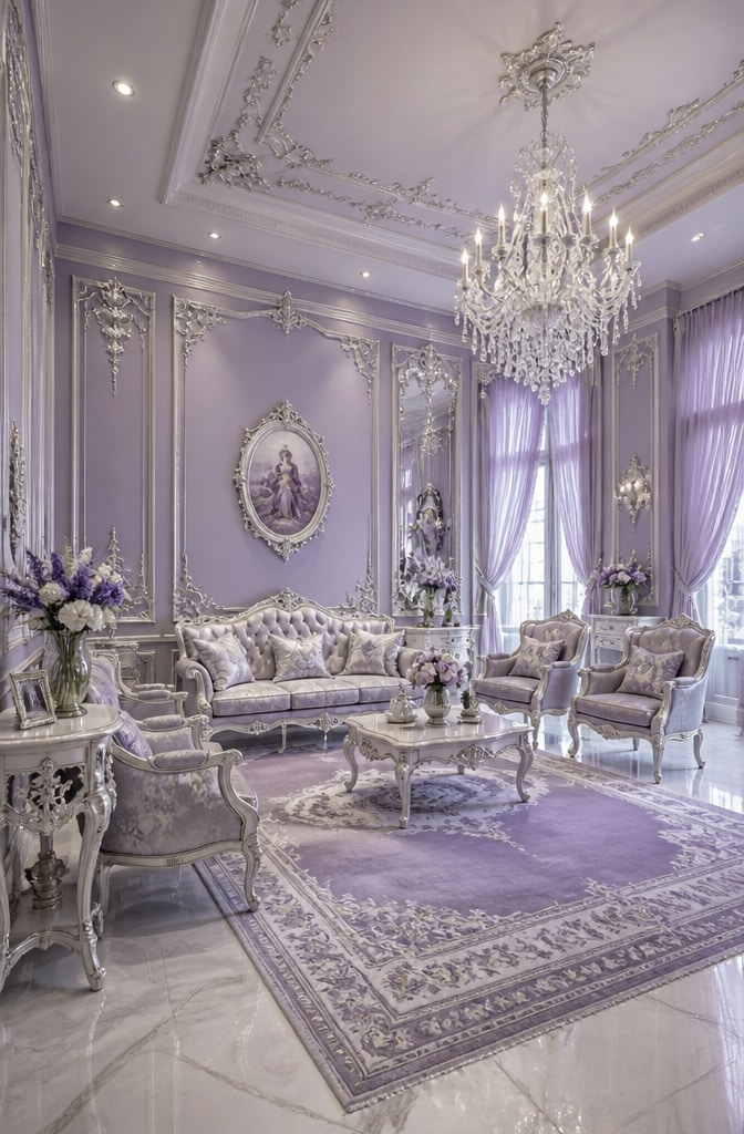 Feminine Lavender and Silver Rococo Parlor