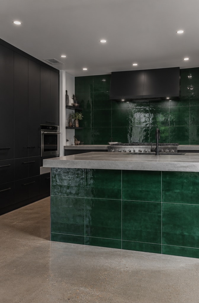 Forest Green Gloss Large Format Tile Kitchen