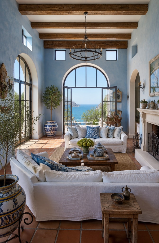 French Blue Mediterranean Coastal Living Room