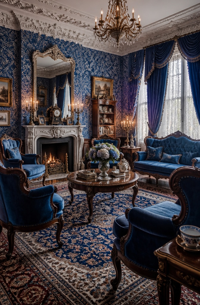 French Blue Victorian Parlor Living Room