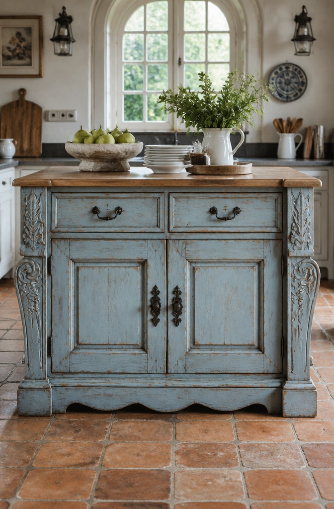 French Country Blue Island with Distressed Finish