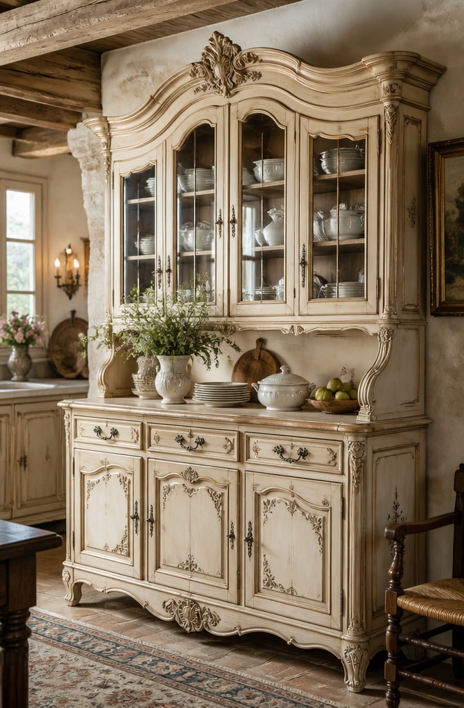 French Country Farmhouse Hutch with Ornate Details