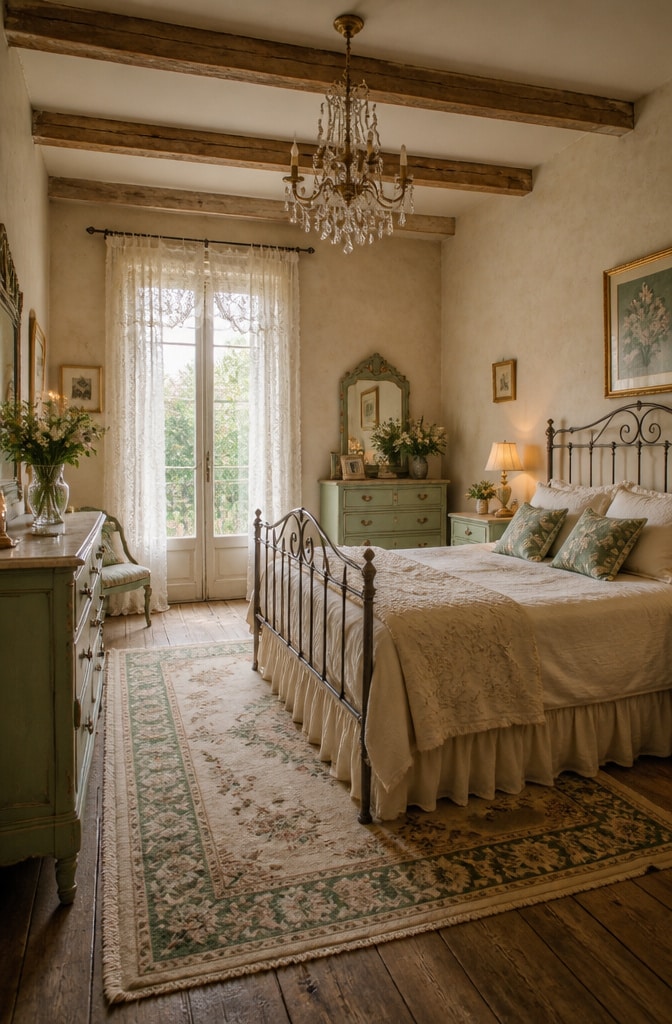 French Country Green and Beige Bedroom