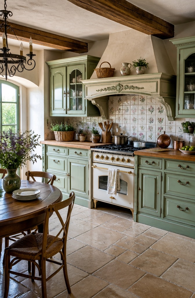 French Country Mint Green Cabinets