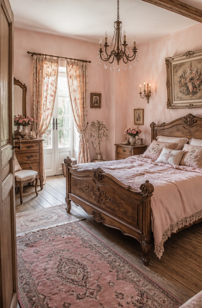 French Country Pink and Brown Bedroom