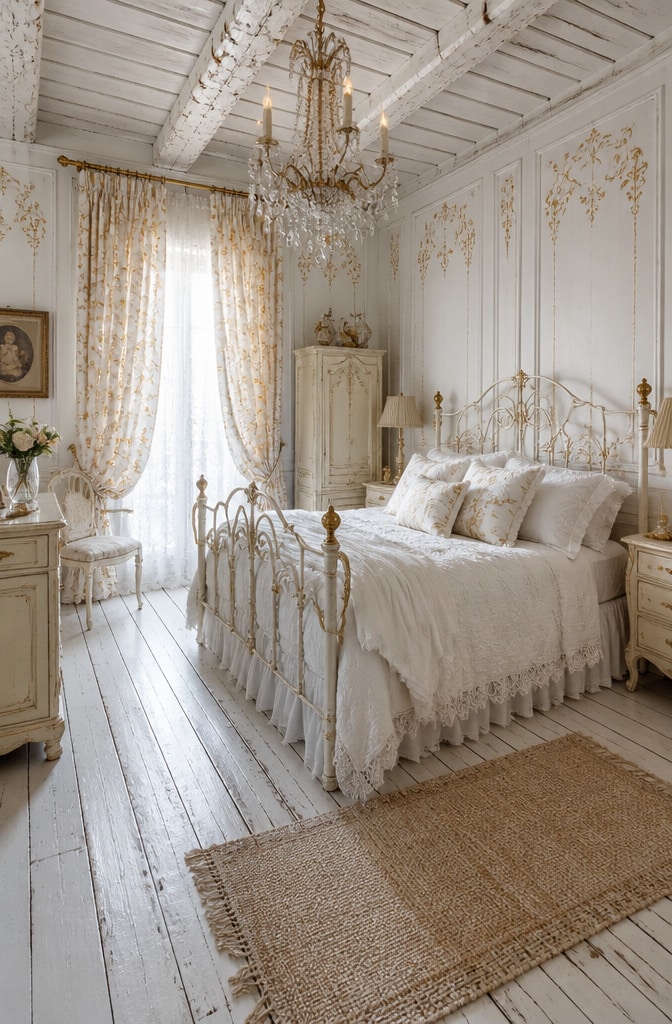 French Country White and Gold Bedroom