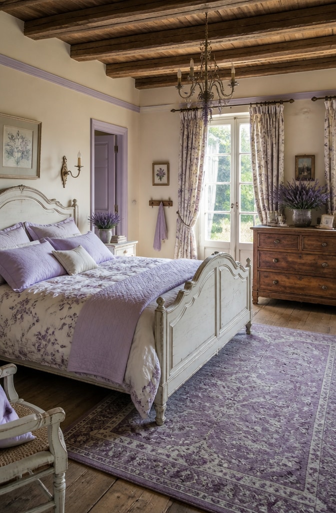 French Farmhouse Bedroom with Lavender Accents
