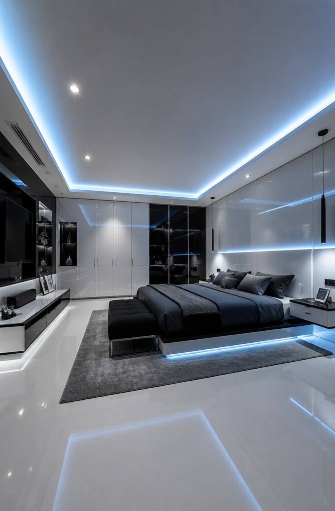 Futuristic Black and White Cupboard Bedroom