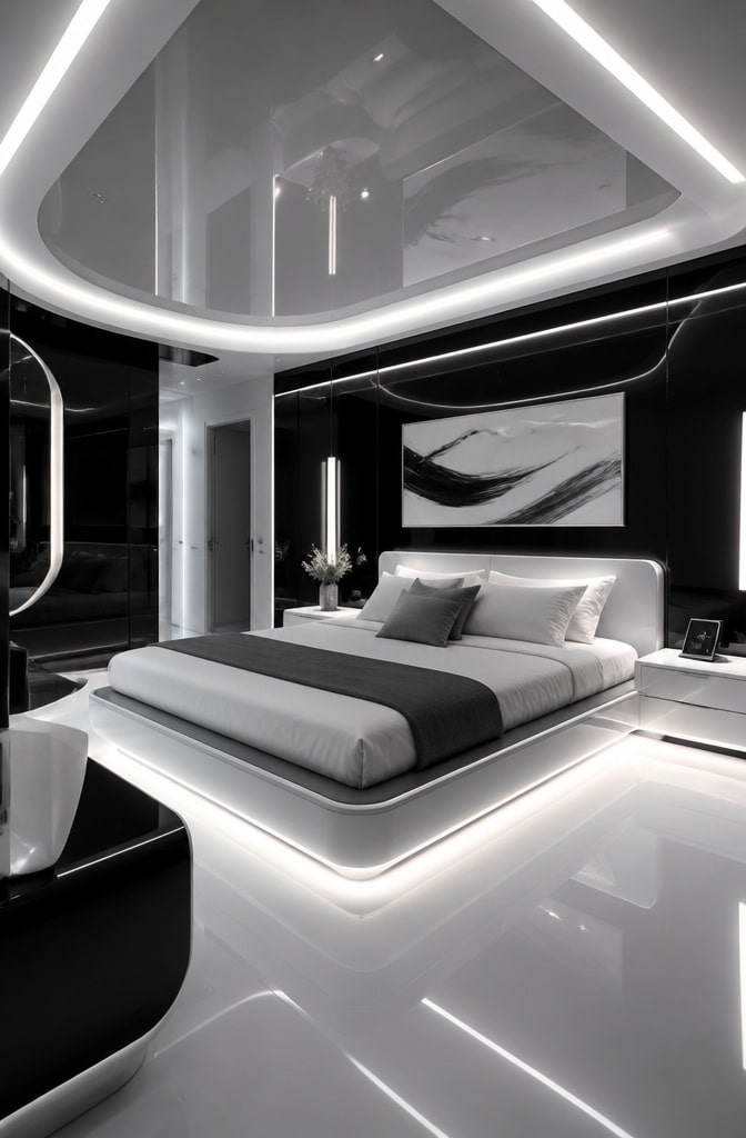 Futuristic Black and White Minimal Bedroom
