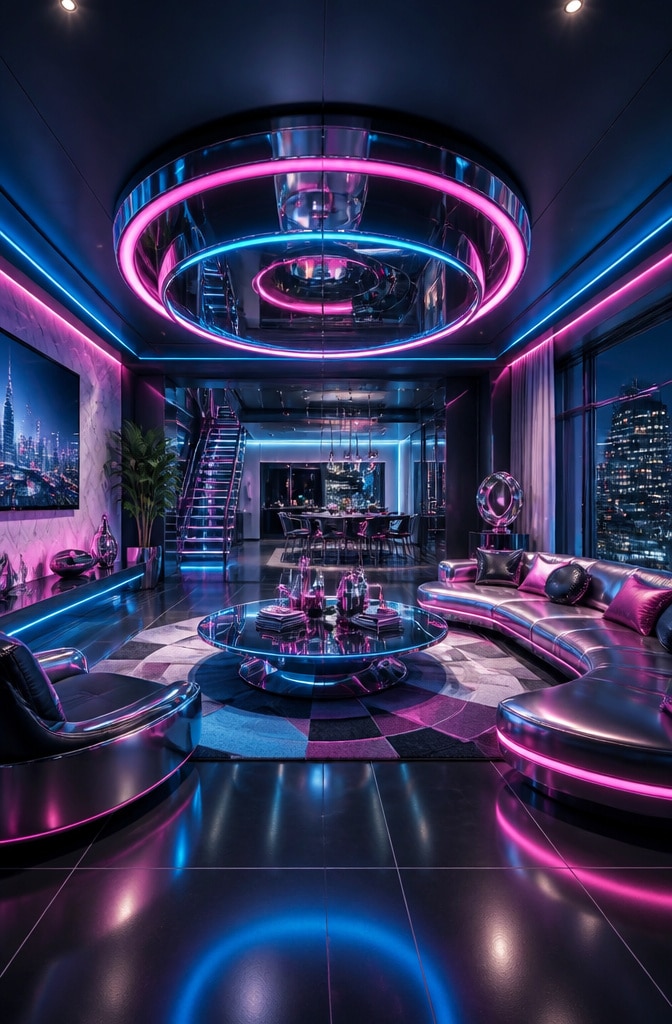 Futuristic Blue and Pink Neon Living Room