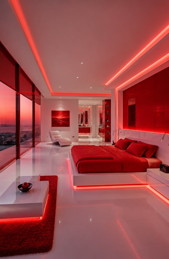 Futuristic Red LED Minimalist Bedroom