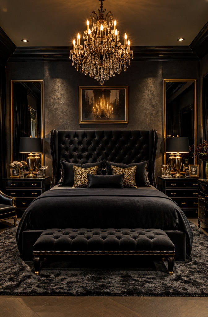 Glam Black Velvet Bedroom