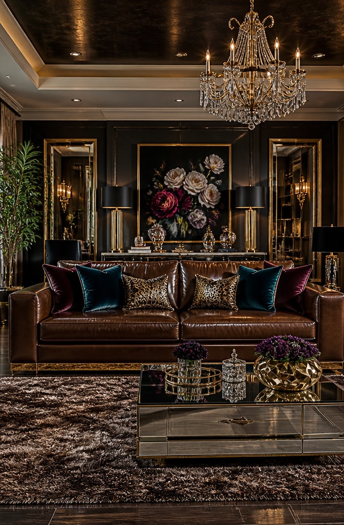 Glam Brown Leather Couch Living Room