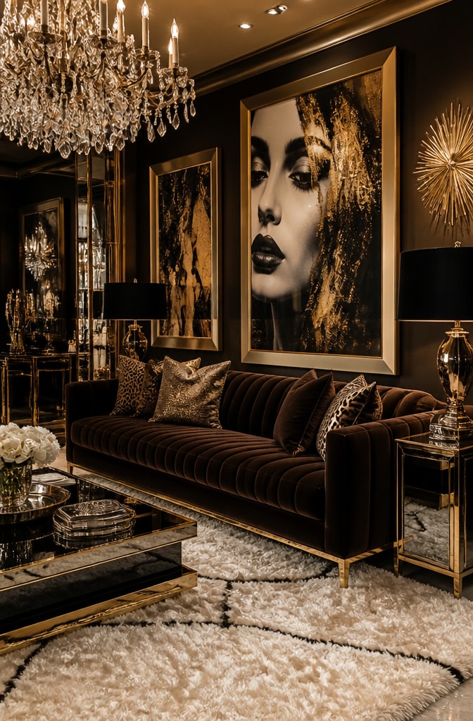 Glam Hollywood Chocolate Brown Couch Living Room