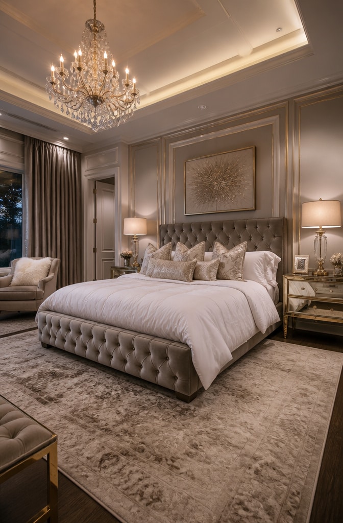 Glam White Comforter Bedroom with Gold Accents