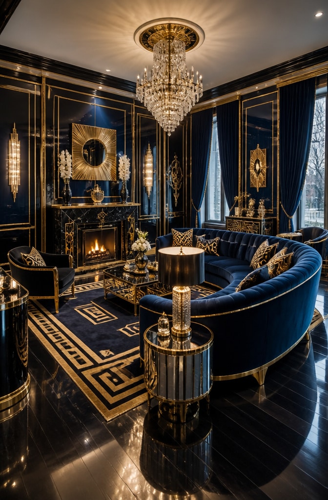 Glamorous Art Deco Midnight Blue Living Room
