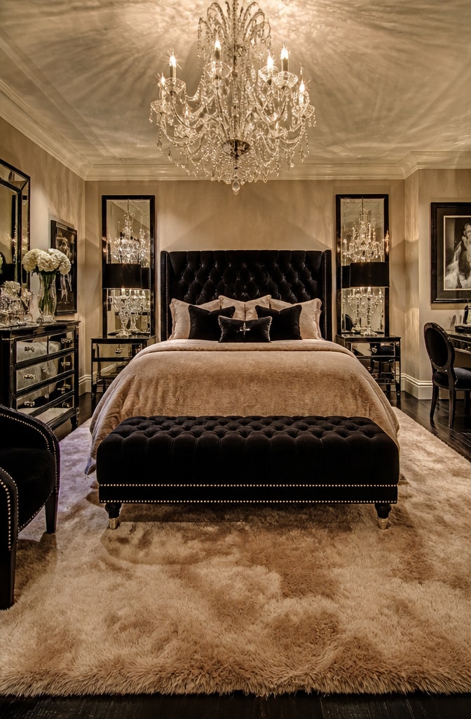Glamorous Beige and Black Velvet Bedroom