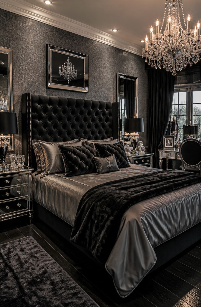 Glamorous Black and Grey Bedroom with Metallic Accents