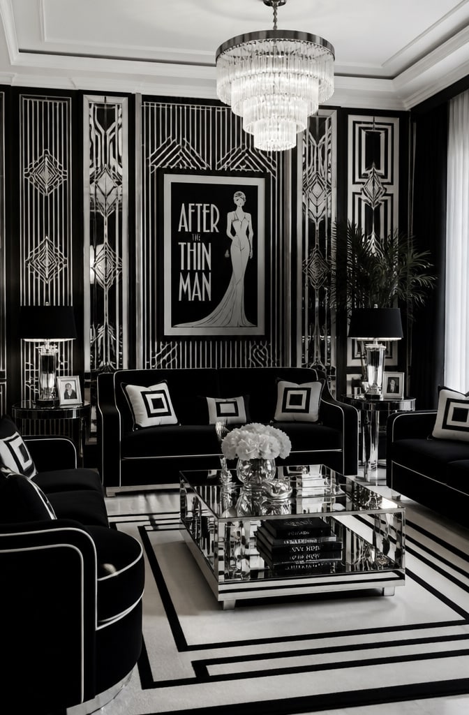 Glamorous Black and White Art Deco Living Room