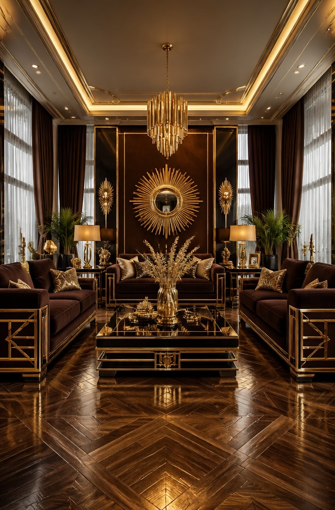 Glamorous Brown and Gold Art Deco Living Room
