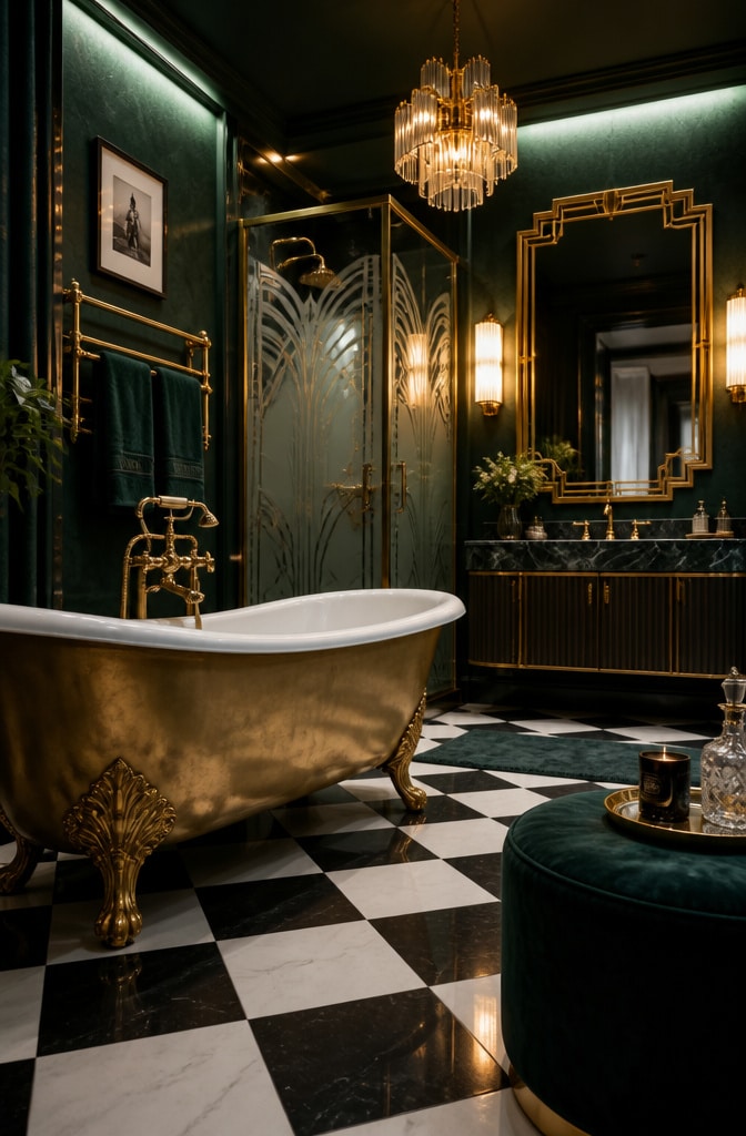 Glamorous Emerald and Brass Art Deco Bathroom